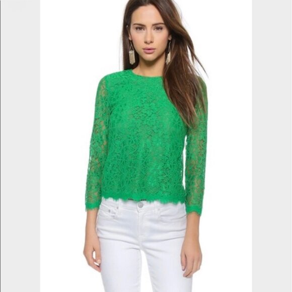 Diane Von Furstenberg Brielle Top Kelly Green Lace Blouse Christmas Size 8 - Picture 1 of 9